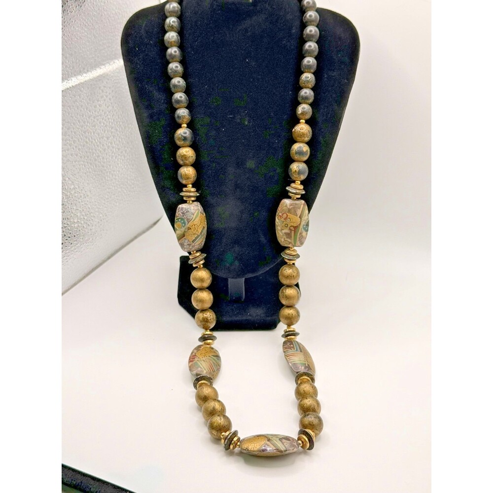 Vintage Satsuma Style Porcelain Bead Necklace Earring Set Hand Painted Japan VTG